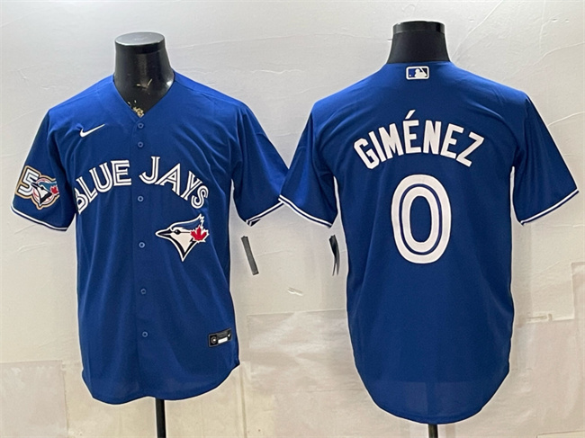 Men's Toronto Blue Jays #0 Andrés Giménez Royal 50 Seasons Patch Stitched Baseball Jersey